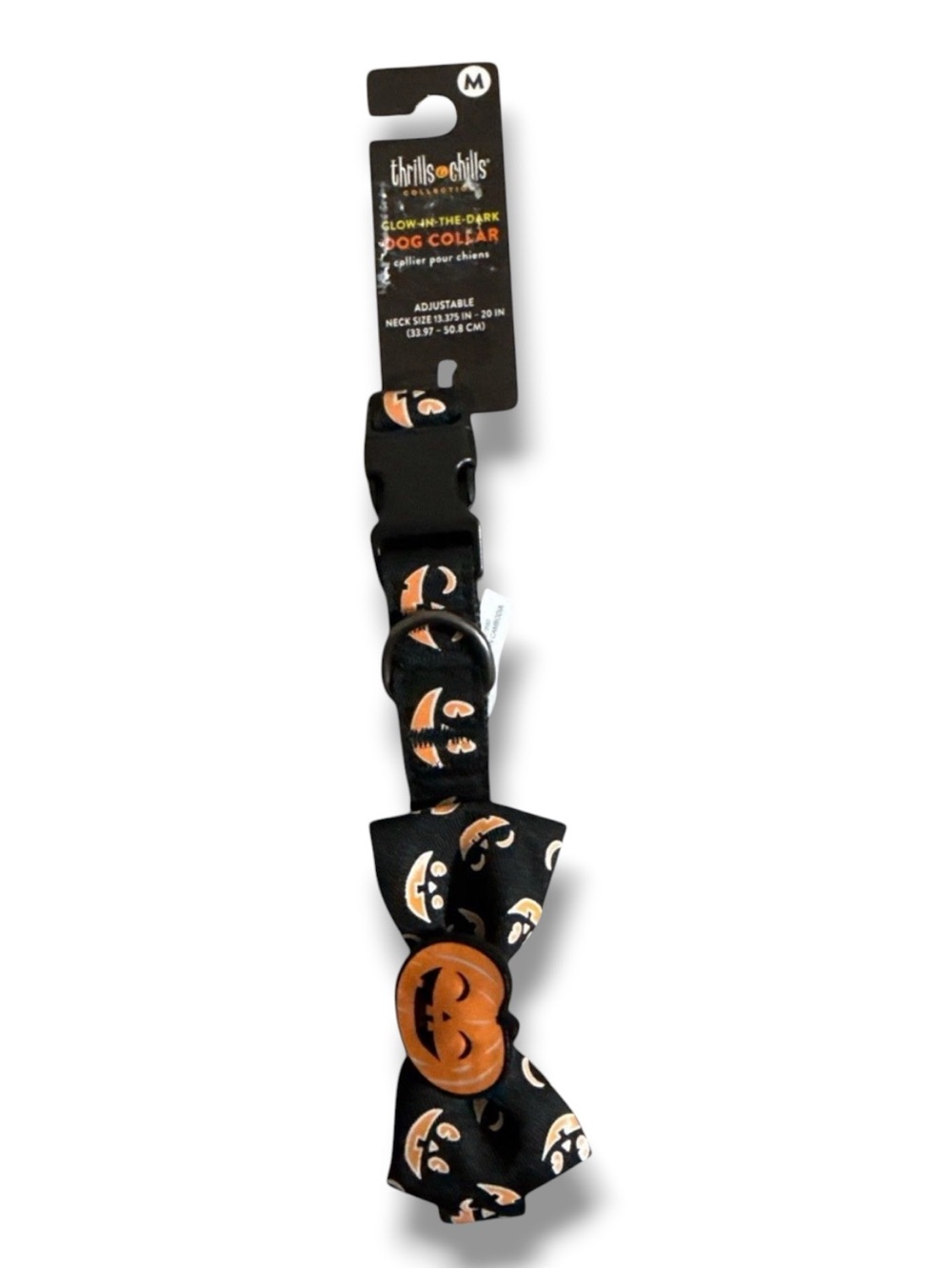 NWT Thrills & Chills Glow-In-The-Dark Halloween Pumpkin Dog Collar Bow Tie M